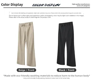 Detail of minimalist straight-leg trousers in beige and black with eco-friendly wash fabric