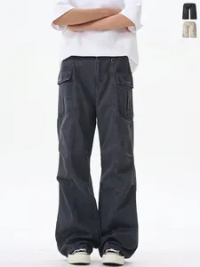 Pantalon Cargo Vintage Américain Délavé Gris Homme Femme Jambe Large Streetwear Coton Pantalon Décontracté Avec Poches
