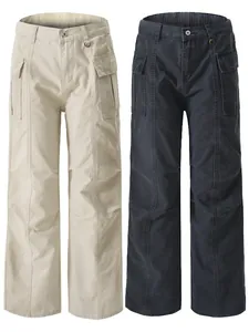 Pantalon cargo large beige et bleu marine avec taille élastique et poches à rabat à plat