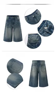 Detailed views of vintage blue lightning wash denim shorts showing texture and stitching