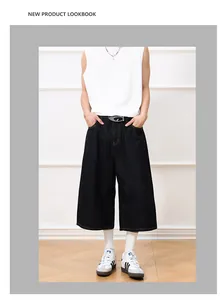 Lookbook view of men's loose fit black denim cropped pants with straight leg cut