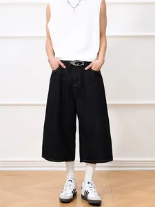Men's American Retro Washed Raw Black Denim Wide Leg Cropped Pants Streetwear Loose Fit Straight Cotton Denim Jeans