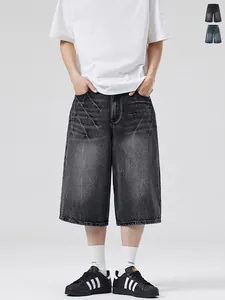 Men High Street Vintage Washed Denim Shorts Lightning Pattern Loose Fit Cotton Jorts Retro Casual Summer Bottoms