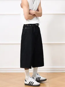 Men's dark raw denim wide-leg cropped jeans in a stylish American retro straight cut