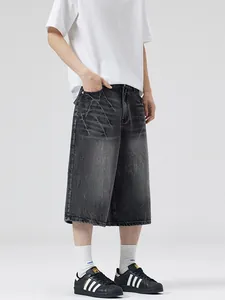 Men's loose fit dark grey washed denim shorts with vintage lightning pattern design