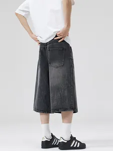 Men's dark gray washed denim shorts with lightning pattern and baggy wide-leg fit