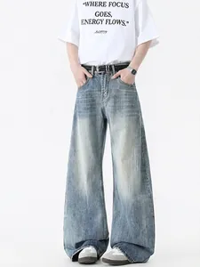 Jeans Large Homme Vintage Américain Texture Bambou Retro Délavé Pantalons Denim Streetwear Coupe Large Pantalons