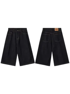 Men's summer American style raw denim wide-leg shorts with contrast stitching and leather patch