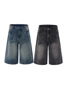 Retro loose fit denim shorts with lightning wash patterns in blue and grey black finishes