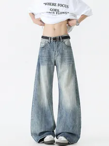 Jean large vintage américain pour homme en denim délavé bleu clair avec ceinture