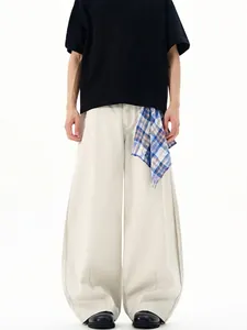 Pantalon Décontracté Homme Jambe Large Streetwear Lavé Gris de Paris Coupe Incurvée Avec Bandana Plaid Détachable Coton