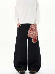 Design Américain Foulard Plaid Amovible Jean Jambe Courbe Noir Brut Unisexe Silhouette Baggy Denim Pantalon Long Casual