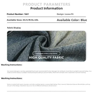 Détail du denim bleu délavé ample avec informations sur le lavage et guide des tailles