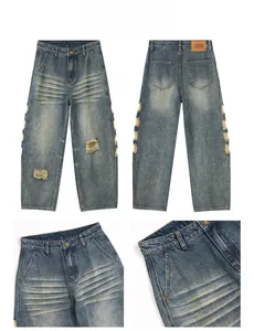 Détails de jeans en denim délavé avec effet moustaches vintage et rivets décoratifs