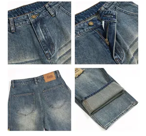 Détails d'un jean bleu vintage avec fermeture éclair en métal et écusson en cuir