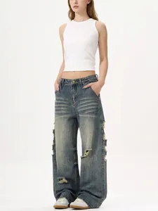 Jeans Large Déchiré Vintage pour Hommes Pantalon en Denim Délavé Streetwear Hip Hop Rétro Coupe Ample