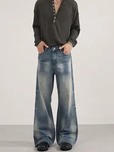 Men's Vintage Washed Blue Micro Flare Jeans Streetwear Distressed Loose Fit Straight Leg Cotton Denim Pants