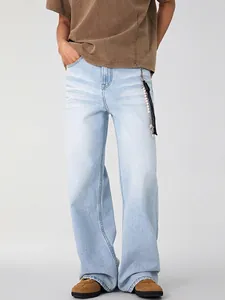 Men's American Vintage Glacier Blue Wide Leg Jeans Loose Straight Denim Pants With Distressed Cat Whiskers Streetwear Casual Trouser