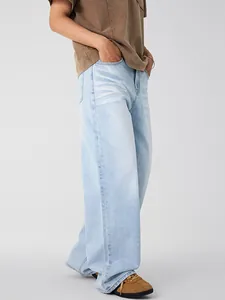 Men's ice blue straight leg denim jeans with vintage wash and loose fit style