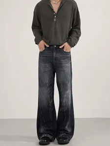 Men American Retro Cleanfit Washed Tie-Dyed Jeans Slub Textured Micro-Flare Pants Unisex Loose Fit Straight Denim Trousers
