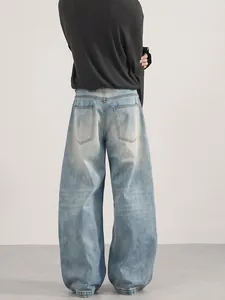 Men's baggy wide leg denim jeans in light blue wash with vintage 3D curved cutting design