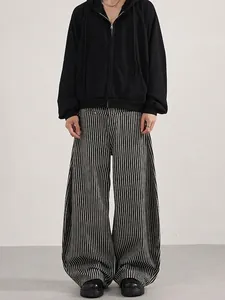 American Vintage Men Striped Casual Pants Relaxed Fit Curved Wide Leg Pants Cotton Blend Streetwear Trousers