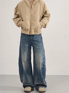 Men's Loose Wide Leg Jeans Water Washed Cat Whiskers Denim Pants American Retro Style Cotton Blend Trousers For Youth