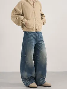 Men's American vintage washed wide leg curved jeans with khaki hooded zipper jacket