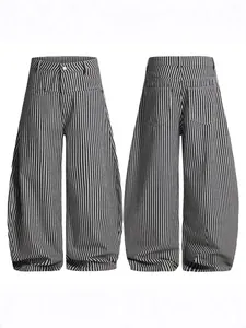Relaxed fit vertical striped wide leg balloon pants with high waist and back pockets