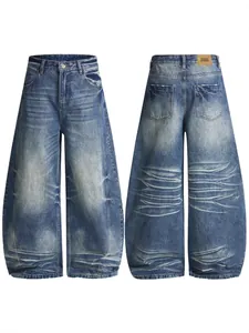 Men's American retro washed wide-leg denim jeans with whiskers, front and back view