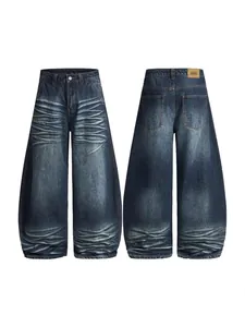 Retro deep blue baggy jeans with heavy wash whiskers and curved silhouette, front and back view