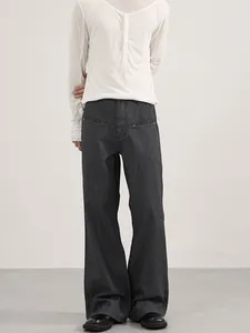 Men's dark gray pinstripe wide-leg jeans with a clean-fit vintage flared silhouette