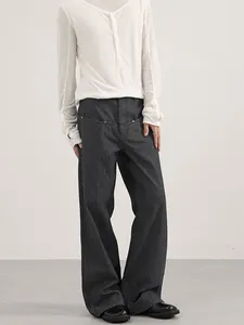 Men's cleanfit dark gray pinstripe wide-leg trousers with relaxed fit and high waist