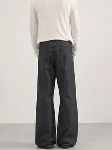 Mens dark grey pinstripe wide leg denim pants with a minimalist clean fit silhouette