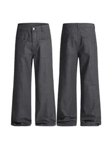 Men's cleanfit dark gray pinstripe wide leg flare jeans, front and back full view layout