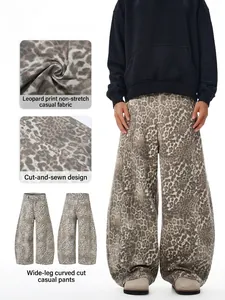 Jean en Denim à Jambes Larges avec Imprimé Léopard pour Homme Streetwear Américain Coupe Incurvée Pantalon Décontracté