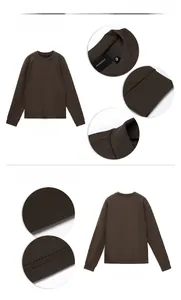 Détails d'un t-shirt marron foncé à manches longues avec étiquette et coutures