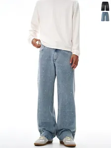 Men's Retro Washed Splatter Straight Jeans Loose Wide Leg Denim Pants For Men Casual Streetwear Vintage Cotton Trousers