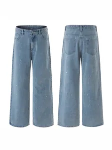 Light blue wide leg jeans with white paint splatter design shown in front and back views