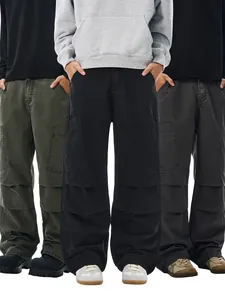 Men's American Retro Cotton Canvas Cargo Pants Straight Loose Multi-pocket Elastic Waist Casual Streetwear Workwear Trousers