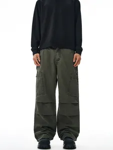 Men's retro olive green cargo pants with baggy straight fit and side flap pockets