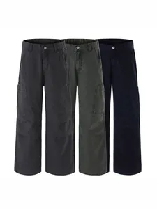 Men's retro cargo pants in dark grey, navy, and green with loose straight fit
