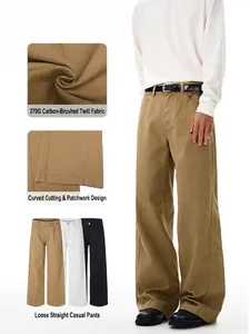 Men's Cleanfit Wide Leg Casual Pants 100% Cotton Minimalist Straight Loose Trousers Carbon Brushed Twill Khaki Black White