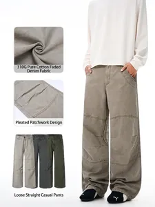 Pantalon Cargo Homme American Vintage Plissé 100% Coton Jambe Droite Large Streetwear Pantalon Décontracté Quotidien