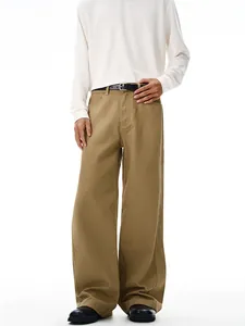 Men's khaki wide-leg casual pants with high-waisted straight cut and cleanfit aesthetic