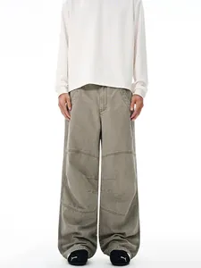 Pantalon vintage en coton taupe pour homme avec design plissé de style streetwear