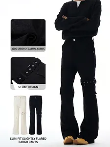 Men High Street Multi-pocket Strap Design Cargo Pants Slim Fit Elastic Micro Flare Cotton Blend Streetwear Casual Trousers