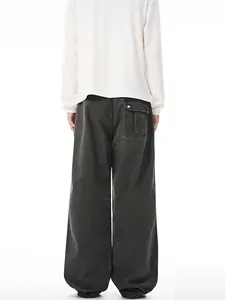 Pantalon cargo large gris foncé pour homme en coton vintage avec détails plissés