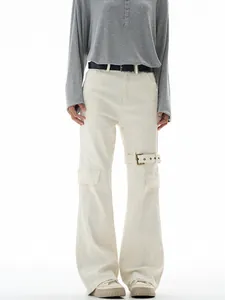 Men's American high street cream cargo pants with decorative leg strap and slim fit