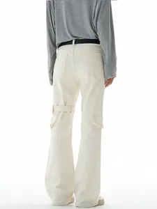 Cream multi-pocket cargo pants with high waist, belt and street style strap details